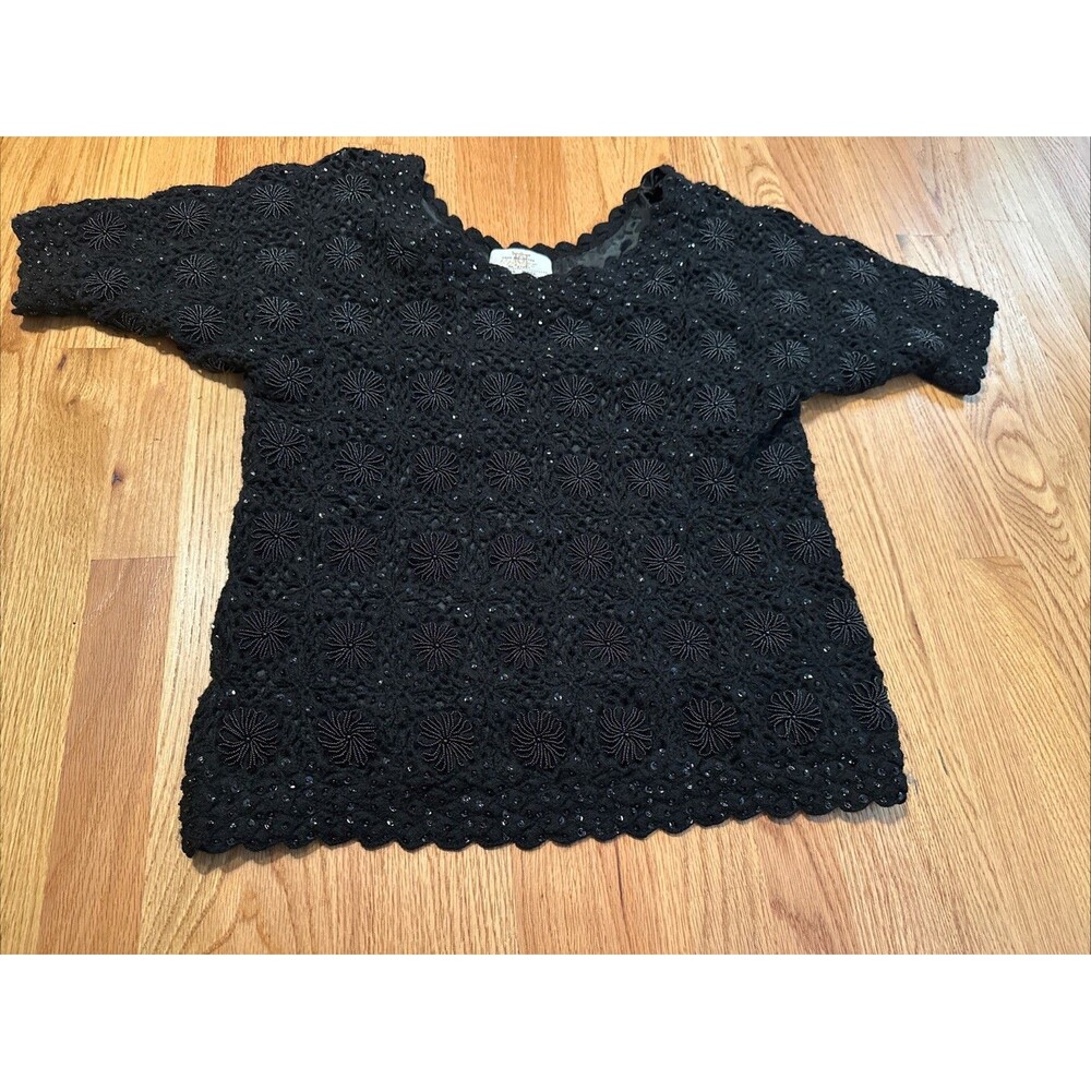 Vintage Cyn Les Wool Sequin Beaded Floral Black Top Size Large